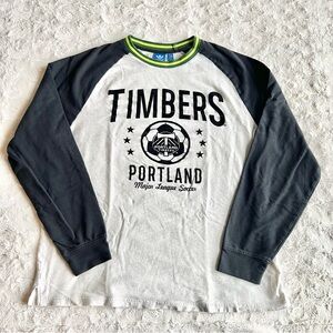 Portland Timbers Shirt Tee Mens XL Gray Black Spell Out Soccer MLS Adidas Raglan